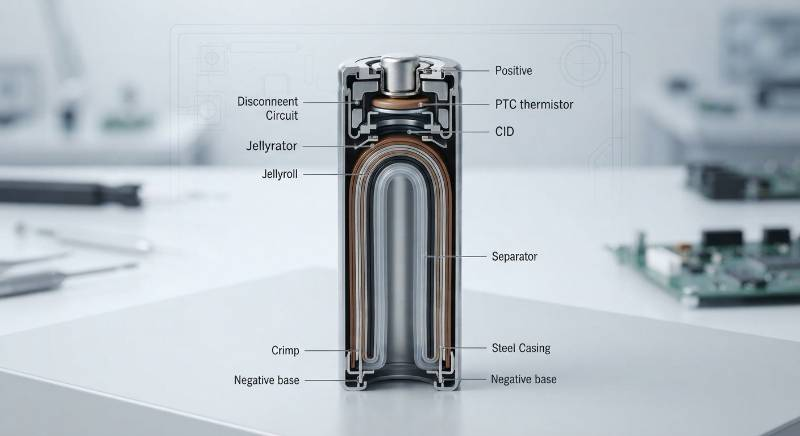Cross-section of a 18650 battery with PTC and CID