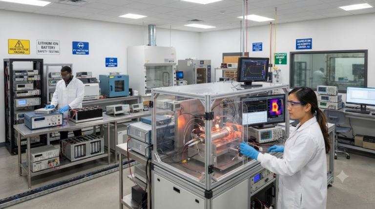 Lithium battery safety testing laboratory with diagnostic equipment