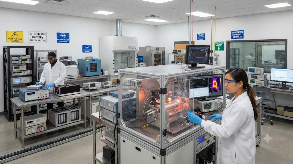  Lithium battery safety testing laboratory with diagnostic equipment