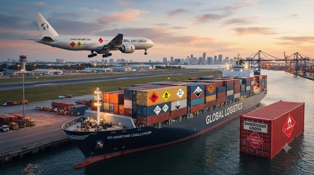 Global cargo ship and airplane with dangerous goods safety labels