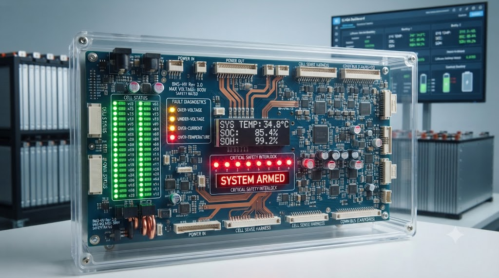 High-tech battery management system circuit board with safety indicators