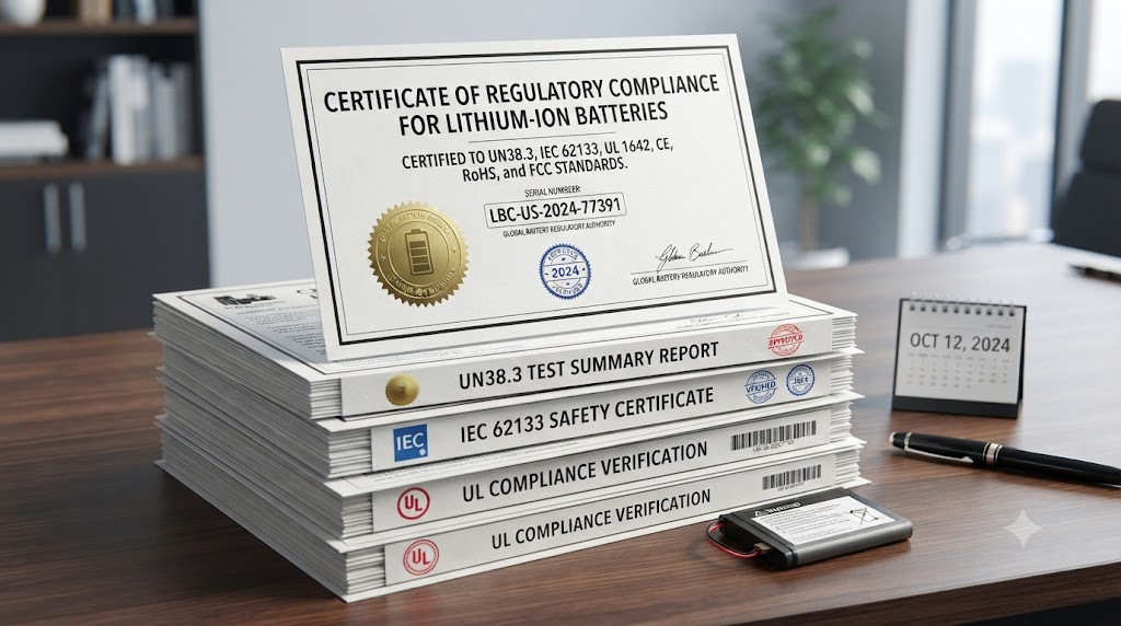 Stack of official regulatory compliance certificates for lithium batteries