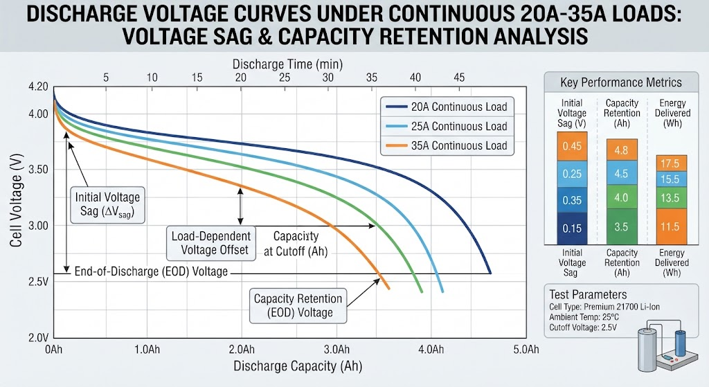 Discharge voltage curves under continuous 20A-35A loads illustrating voltage sag and capacity retention.