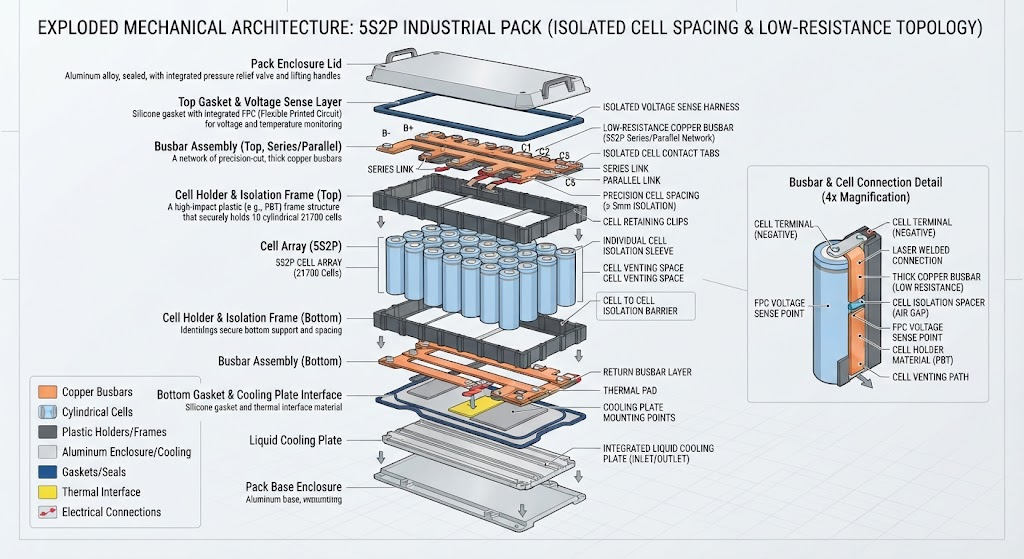  Exploded mechanical architecture of a 5S2P industrial pack showing isolated cell spacing and low-resistance busbar topology.