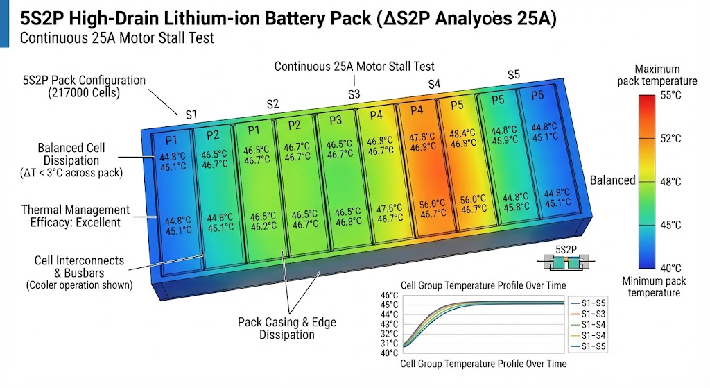 Thermal distribution heatmap of a 5S2P high-drain pack under a continuous 25A motor stall test showing balanced cell dissipation.