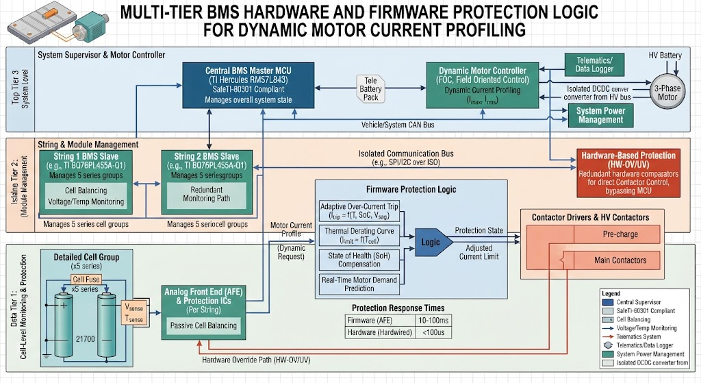 Multi-tier BMS hardware and firmware protection logic for dynamic motor current profiling.