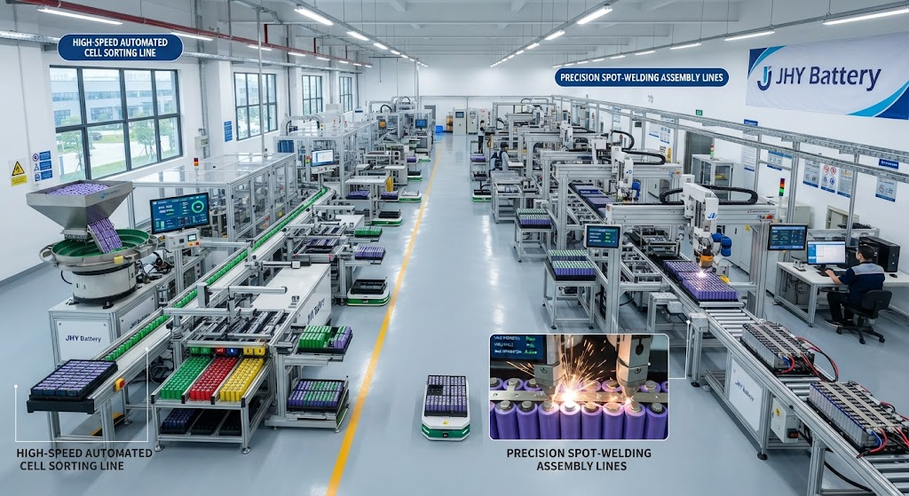 High-speed automated cell sorting and precision spot-welding assembly lines at JHY Battery.