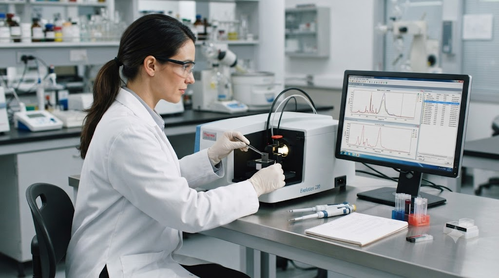 Laboratory engineer performing material analysis using spectrometer