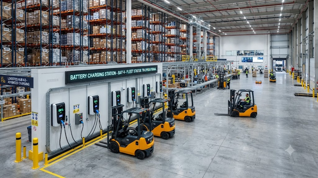 Industrial forklift charging station inside a modern high-tech warehouse logistics hub