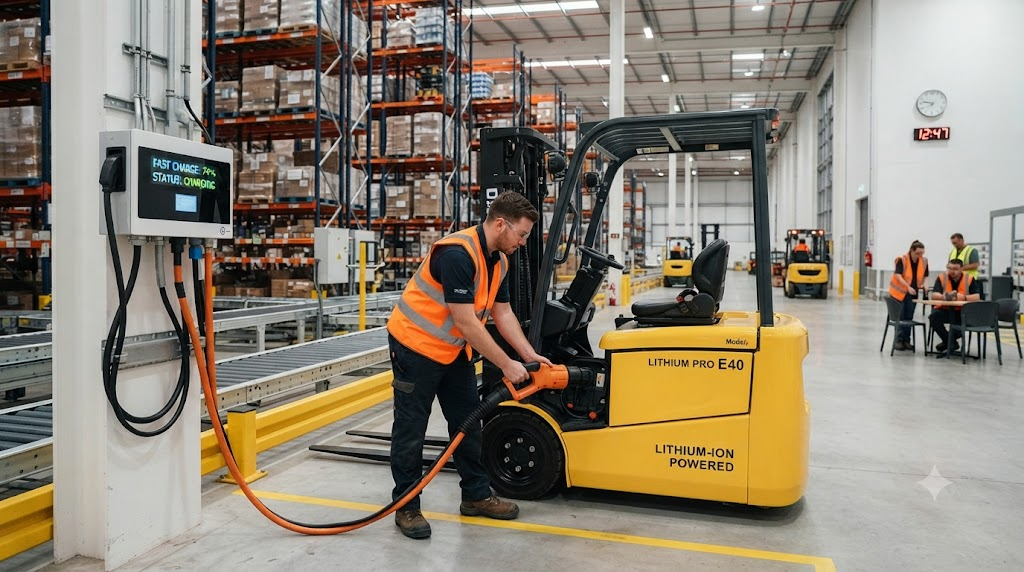 Warehouse worker plugging a fast-charging cable into a lithium-powered forklift during a shift break