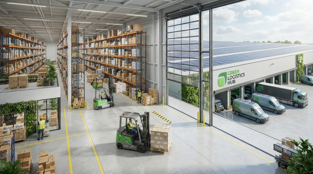Clean green modern distribution center with solar panels on roof and electric forklifts operating inside