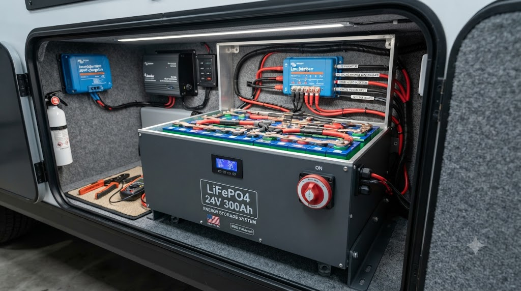 LiFePO4 battery pack inside RV compartment