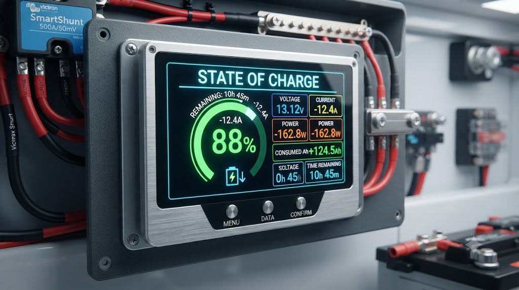 Smart battery monitor showing state of charge