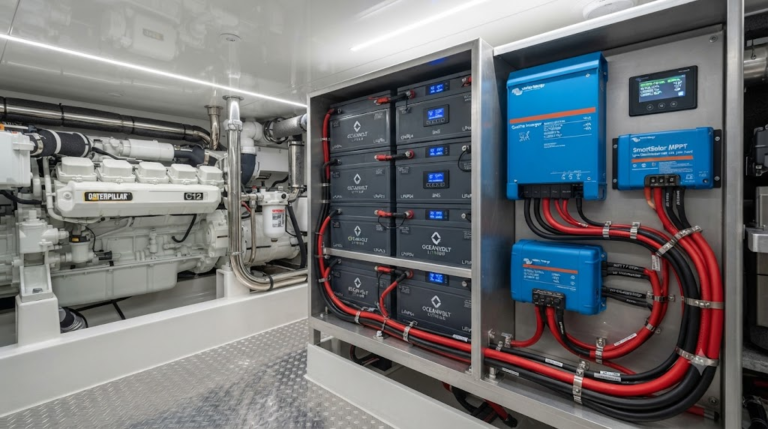 Yacht engine room showing clean marine lithium battery conversion kit with neat wiring