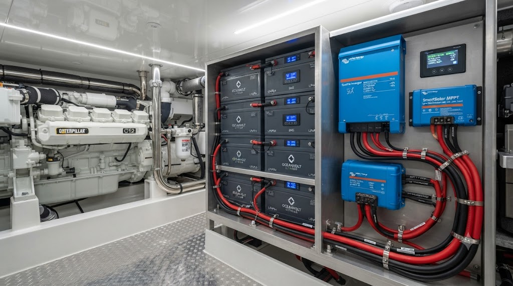 Yacht engine room showing clean marine lithium battery conversion kit with neat wiring