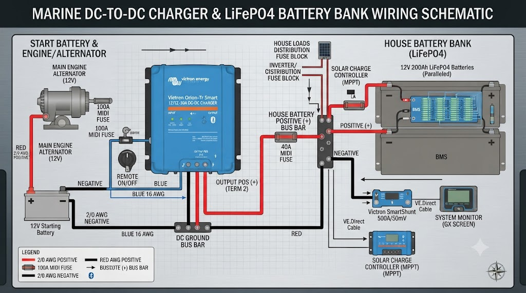 Technical wiring schematic of marine DC-to-DC charger and LiFePO4 battery bank