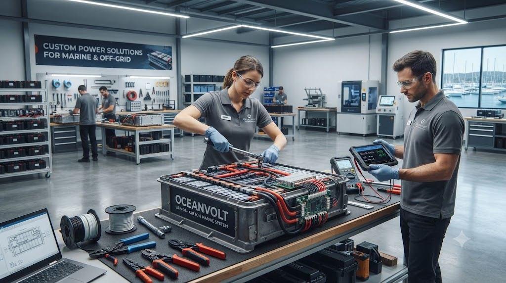 Engineers assembling custom marine lithium battery packs in a high-tech factory