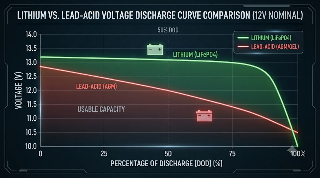 Lithium vs lead-acid voltage discharge curve graph