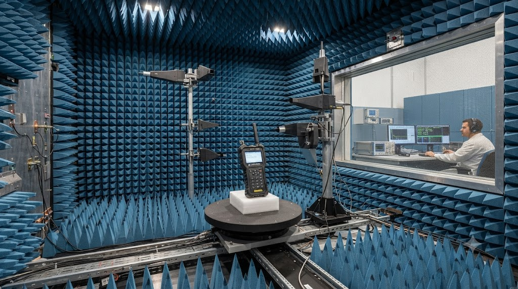 FCC compliance testing lab chamber with battery device