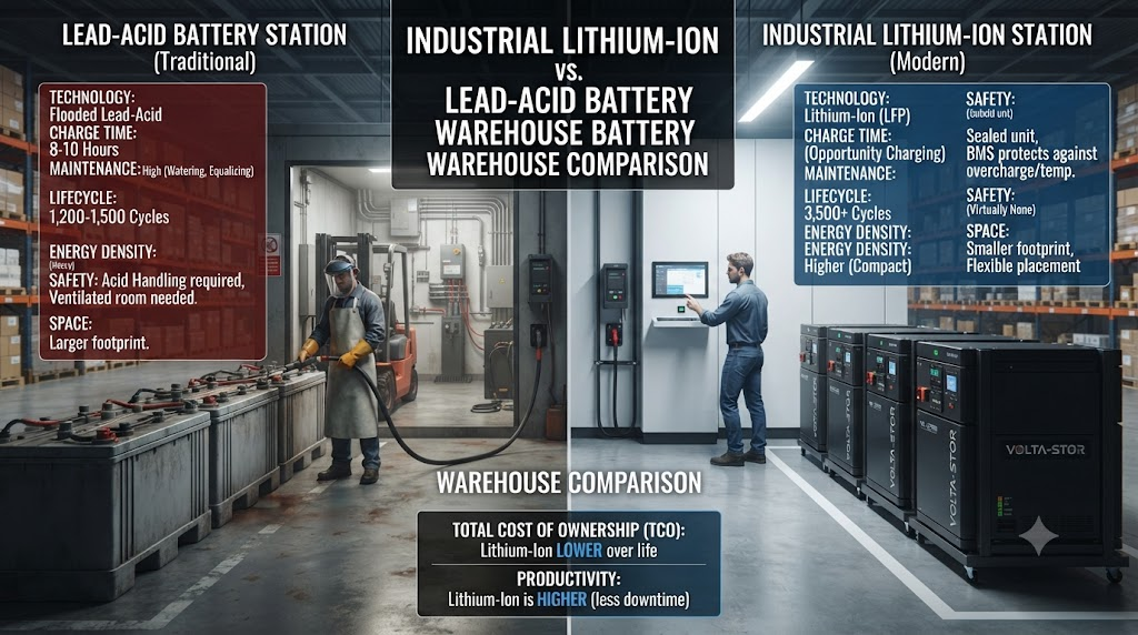 Industrial lithium vs lead-acid battery warehouse comparison