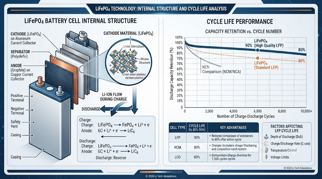 LiFePO4 battery cell internal structure and cycle life chart