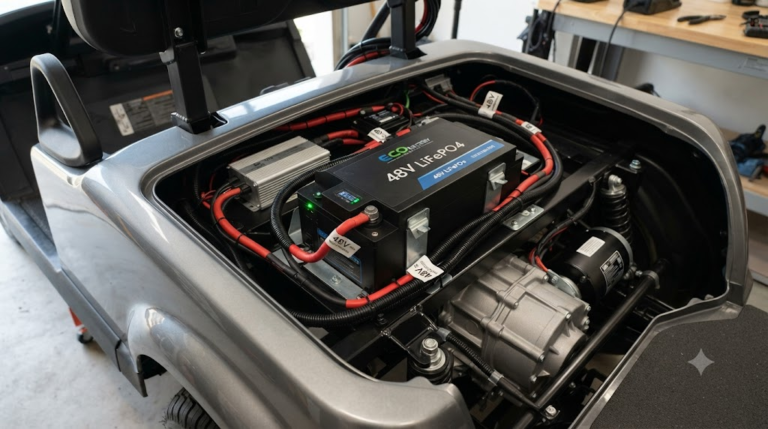 A modern 48v lithium battery pack installed inside a golf cart engine bay
