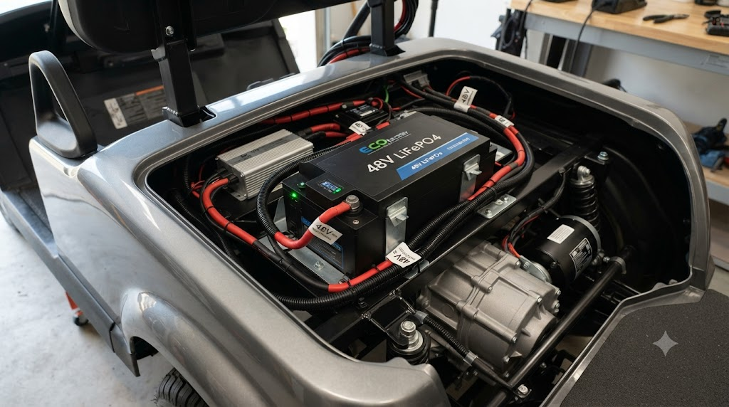 A modern 48v lithium battery pack installed inside a golf cart engine bay