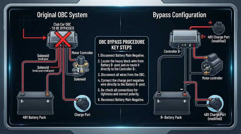 Diagram showing Club Car OBC bypass wiring connections