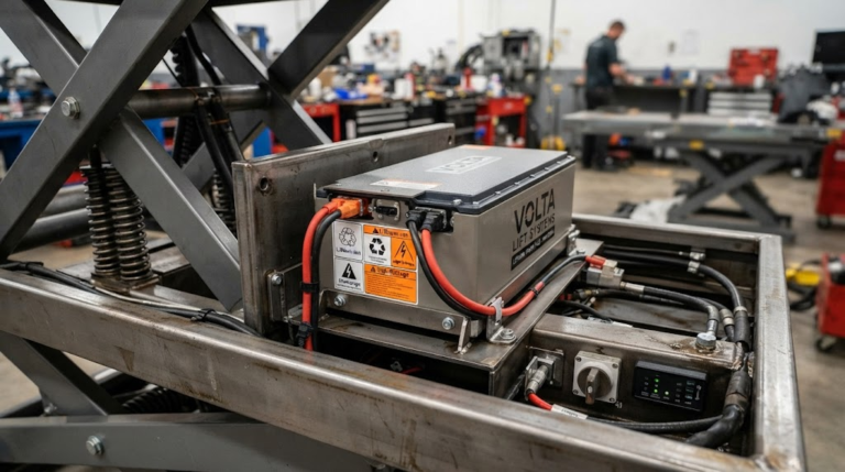 Electric scissor lift working inside a modern clean warehouse