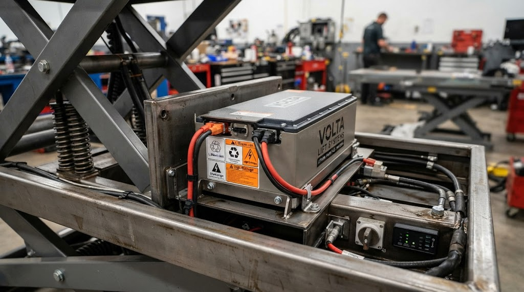 Electric scissor lift working inside a modern clean warehouse
