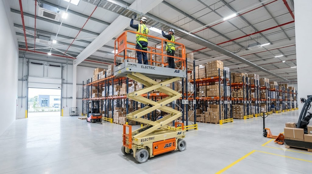 Electric scissor lift working inside a modern clean warehouse
