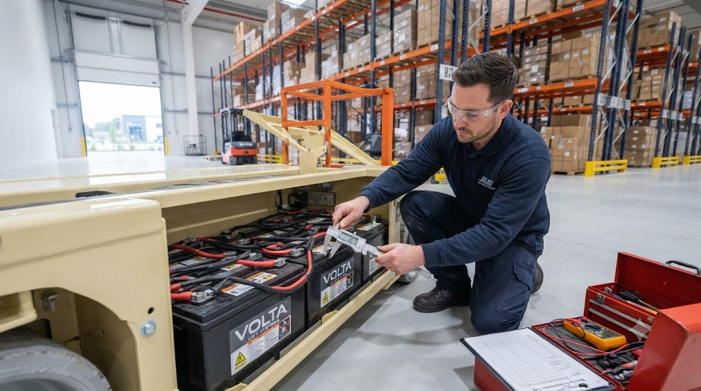 Technician measuring the battery compartment of a scissor lift