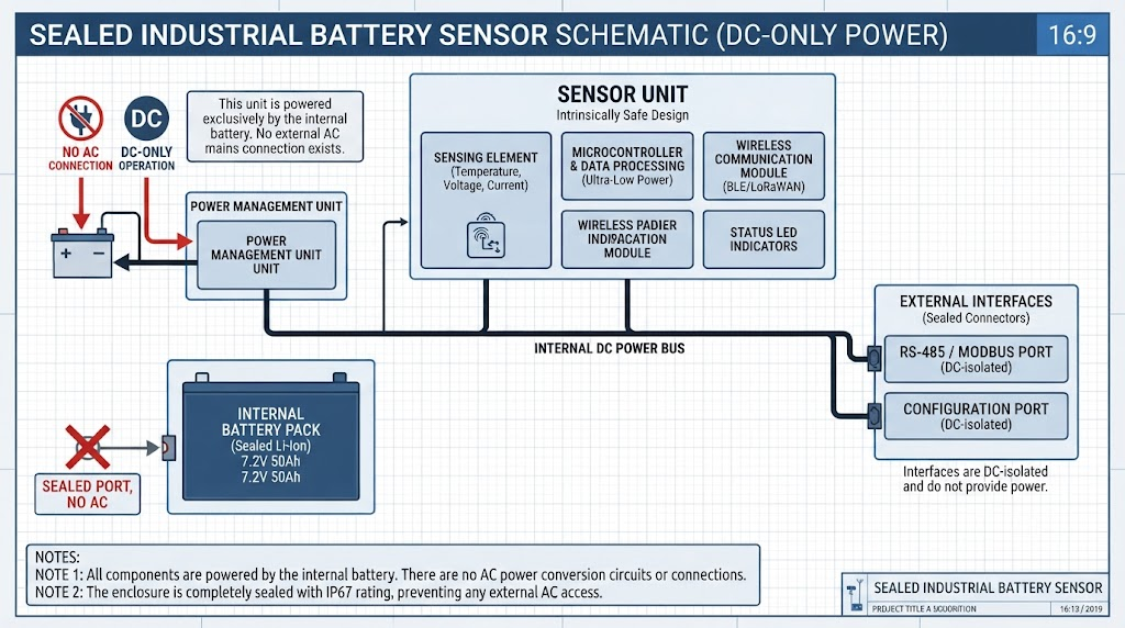 Sealed industrial battery sensor schematic showing no AC connection