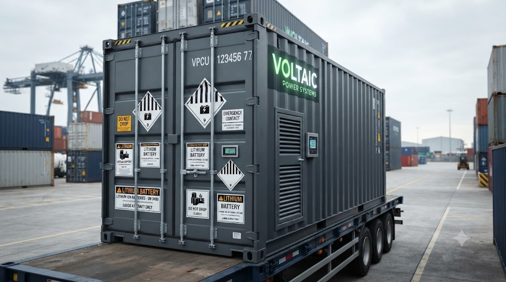 Lithium battery shipping container with hazard labels