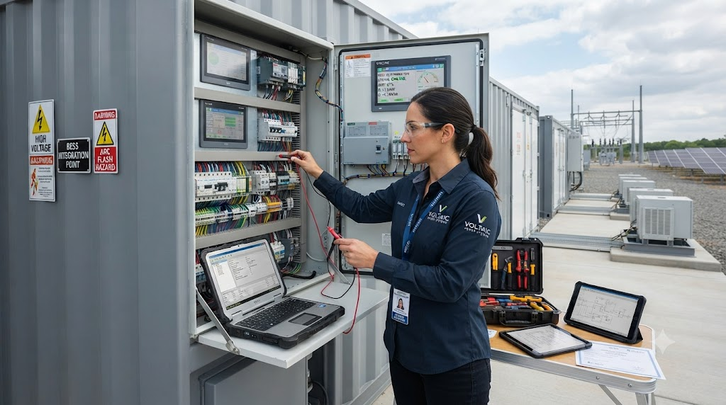 Certified engineer working on BESS integration control panel