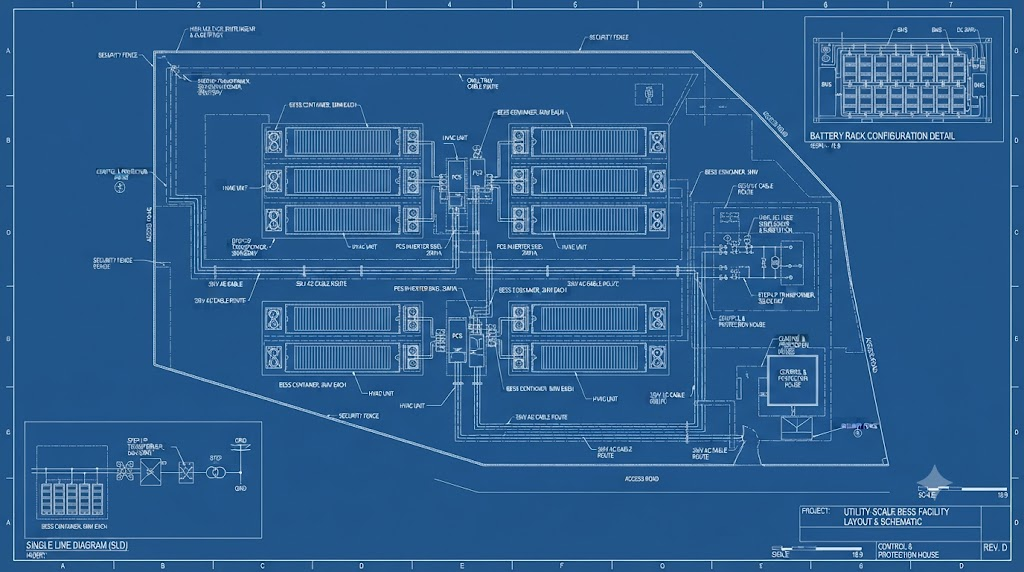 Technical blueprint of utility scale battery storage system layout