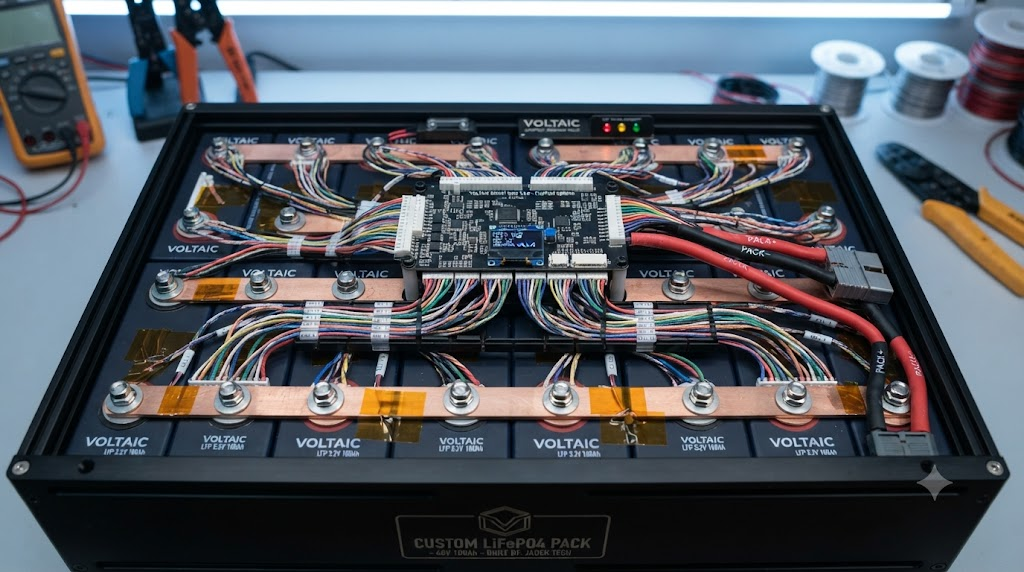 Close up of LiFePO4 battery pack with custom BMS wiring