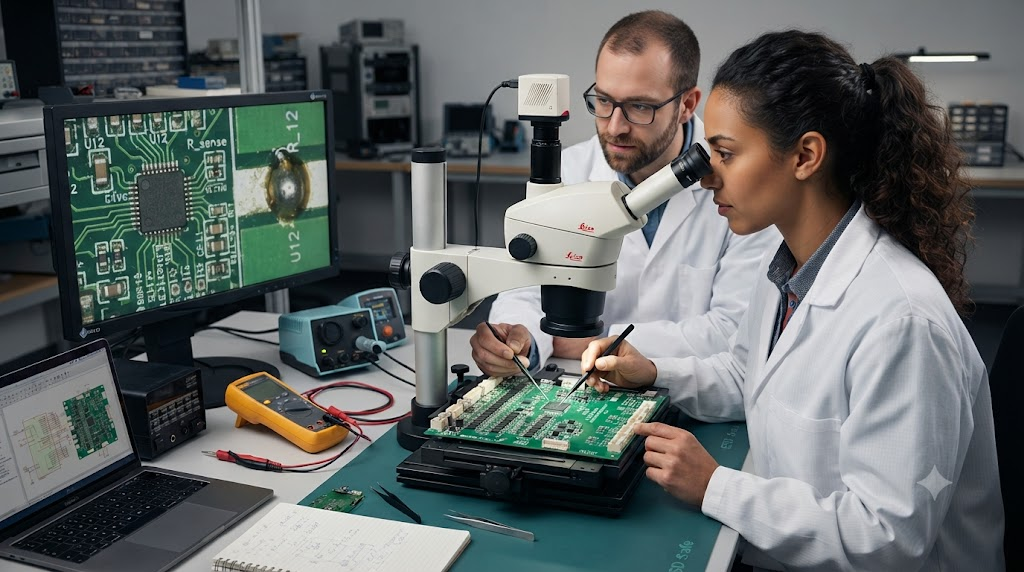 Engineers analyzing BMS board layout under microscope