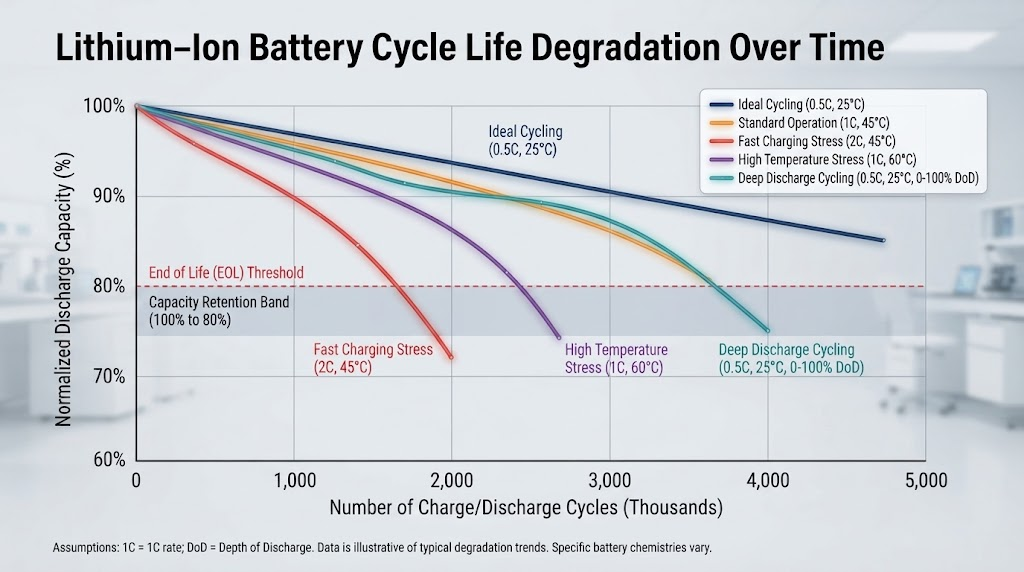 Battery cycle life degradation chart