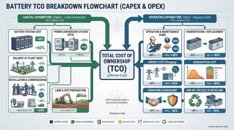 Battery TCO flowchart showing CapEx and OpEx breakdown