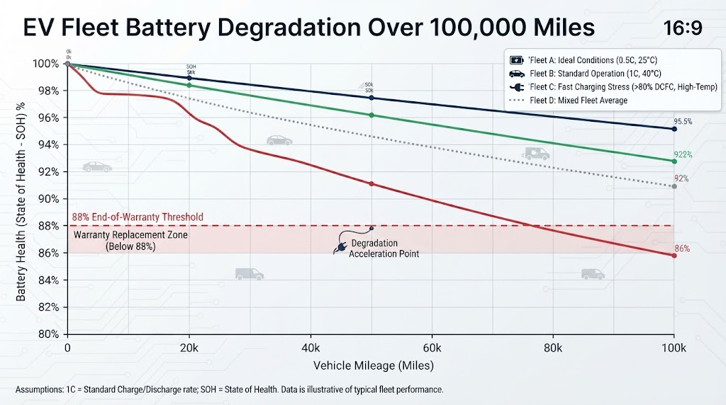 EV fleet battery degradation graph over 100000 miles