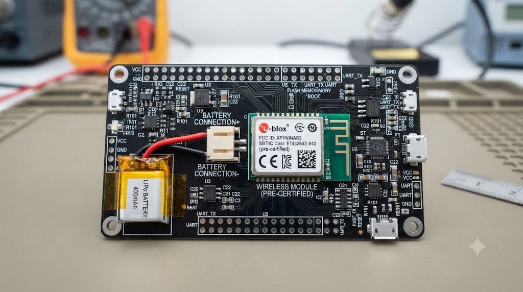 High density IoT PCB showing pre-certified wireless module and battery connection