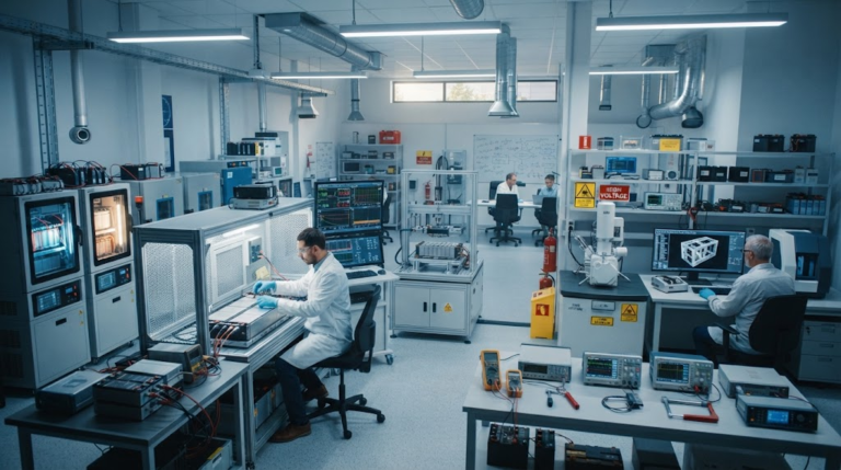 Industrial battery testing laboratory with advanced diagnostic equipment