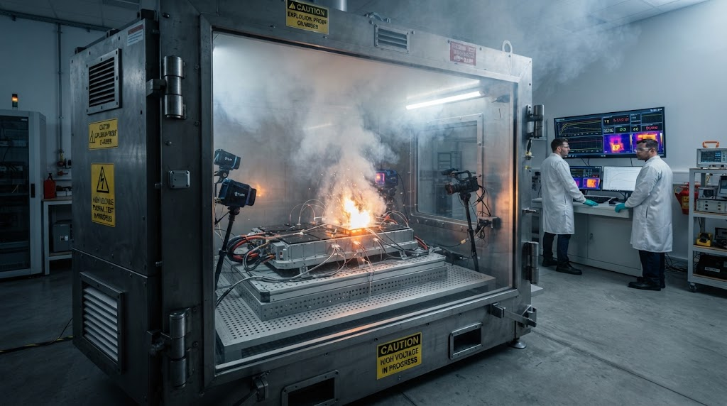Battery undergoing rigorous thermal safety test in an explosion-proof chamber