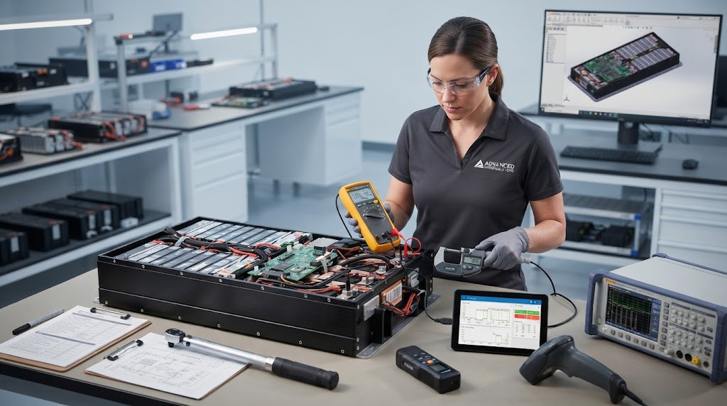  Quality engineer inspecting custom LiFePO4 battery pack with high precision tools