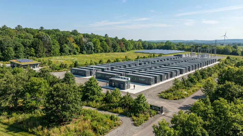 Sustainable energy battery storage facility with green trees