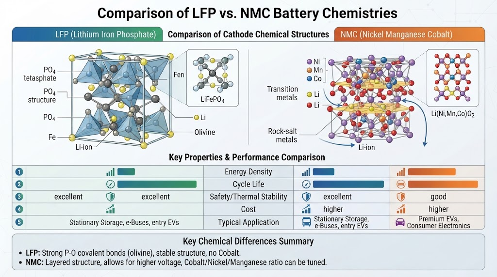 Graphic comparing LFP and NMC battery chemical structures