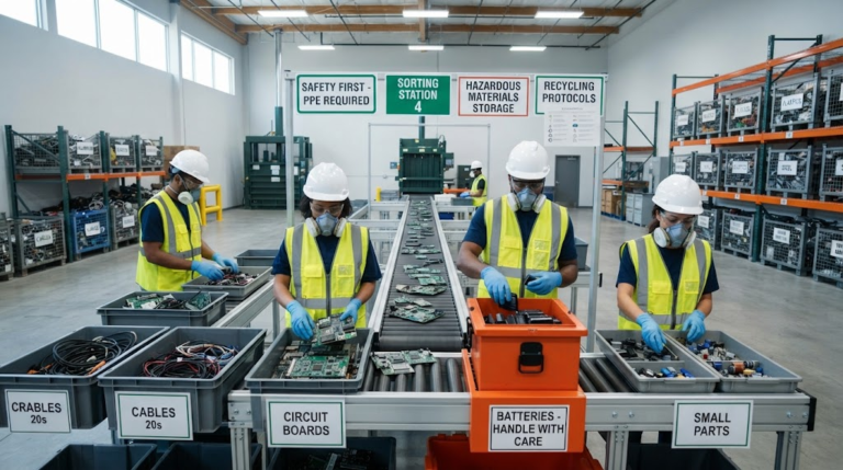 E-waste recycling center sorting electronic parts safely