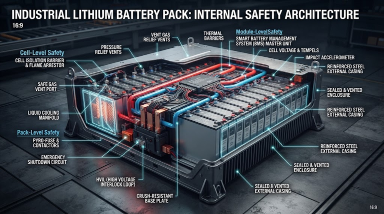 Industrial lithium battery pack with internal safety architecture