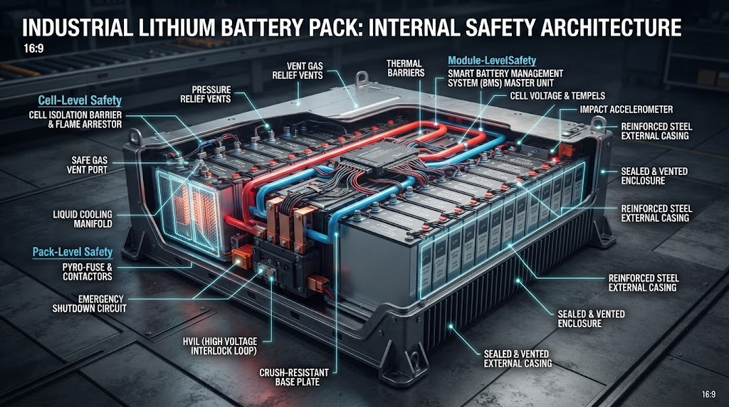 Industrial lithium battery pack with internal safety architecture